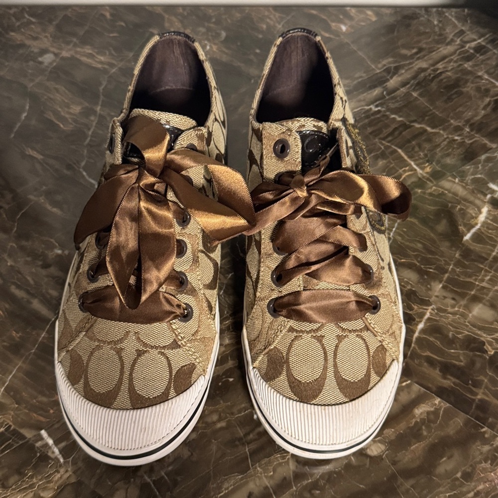 Coach Signature Jacquard Low Top Sneakers Ribbon Laces Brown Monogram Designer 8 - Picture 7 of 13